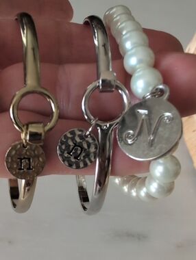 Personalized Initial Charm Bracelet Set - Gold, Silver & Pearl